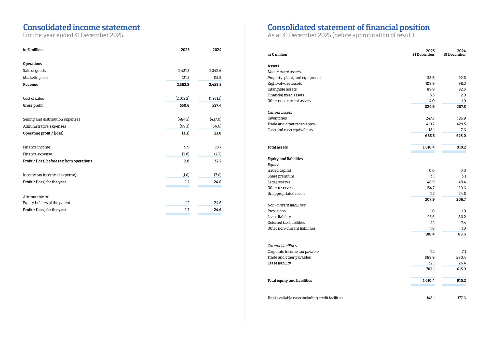 Consolidated income statement and consolidated statement of financial position
